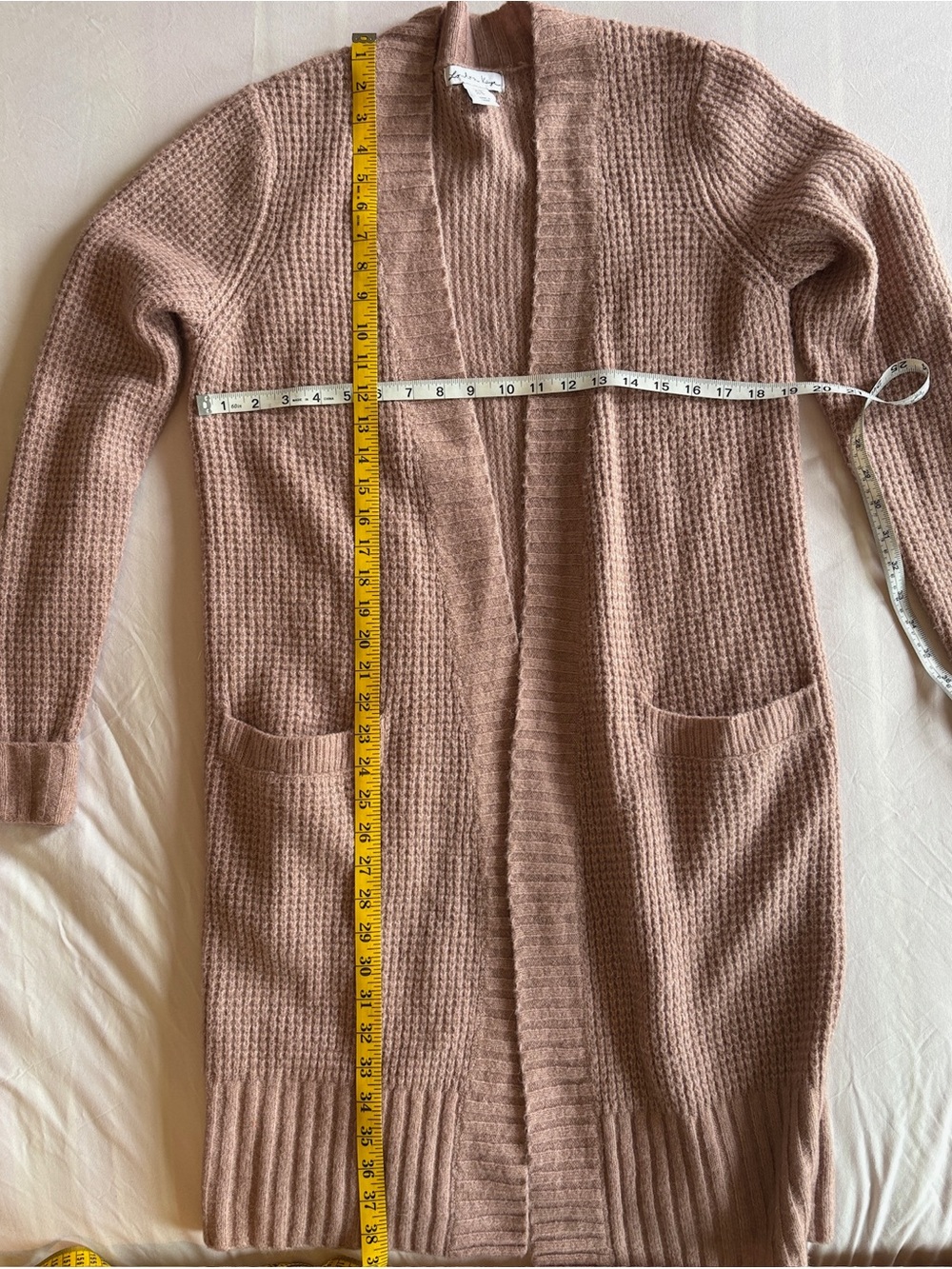 Long Open-Front Waffle Knit Cardigan - Mauve Pink
